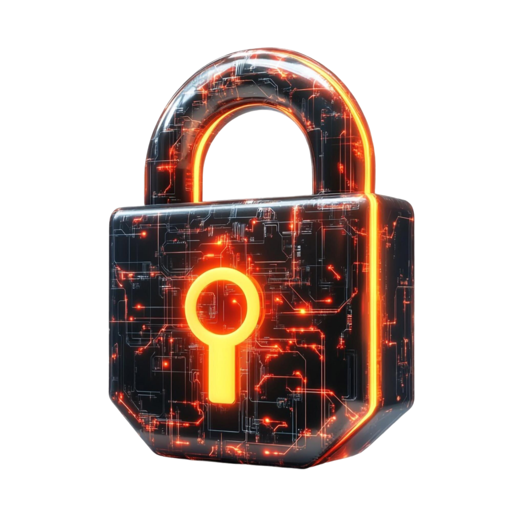 Digital padlock with glowing orange circuitry representing cybersecurity